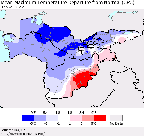 Central Asia Mean Maximum Temperature Departure from Normal (CPC) Thematic Map For 2/22/2021 - 2/28/2021