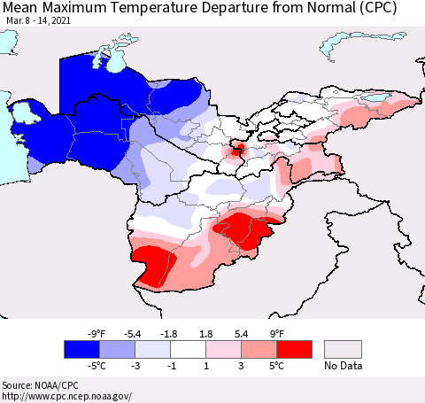 Central Asia Mean Maximum Temperature Departure from Normal (CPC) Thematic Map For 3/8/2021 - 3/14/2021