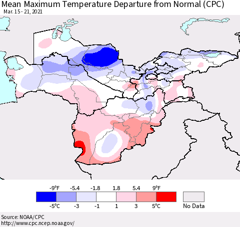 Central Asia Mean Maximum Temperature Departure from Normal (CPC) Thematic Map For 3/15/2021 - 3/21/2021