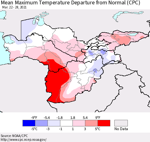 Central Asia Mean Maximum Temperature Departure from Normal (CPC) Thematic Map For 3/22/2021 - 3/28/2021