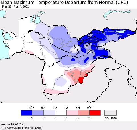 Central Asia Mean Maximum Temperature Departure from Normal (CPC) Thematic Map For 3/29/2021 - 4/4/2021