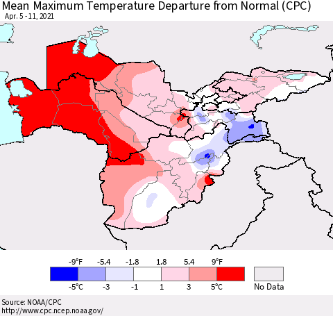 Central Asia Mean Maximum Temperature Departure from Normal (CPC) Thematic Map For 4/5/2021 - 4/11/2021