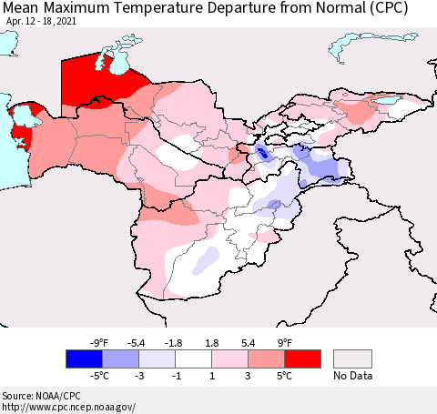 Central Asia Mean Maximum Temperature Departure from Normal (CPC) Thematic Map For 4/12/2021 - 4/18/2021
