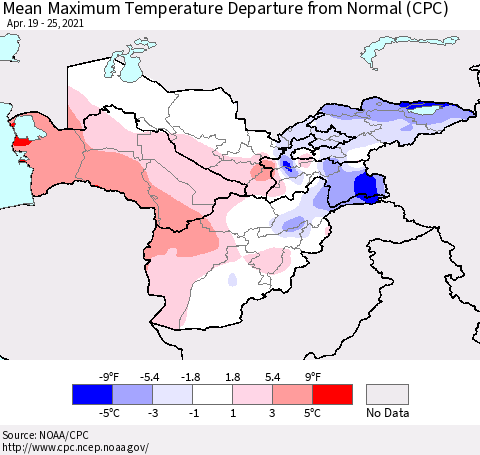 Central Asia Mean Maximum Temperature Departure from Normal (CPC) Thematic Map For 4/19/2021 - 4/25/2021