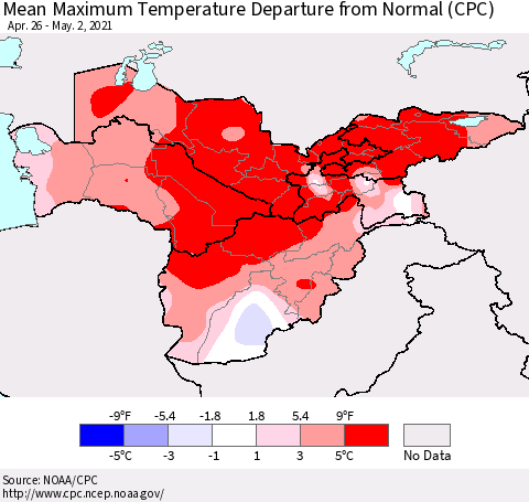 Central Asia Mean Maximum Temperature Departure from Normal (CPC) Thematic Map For 4/26/2021 - 5/2/2021