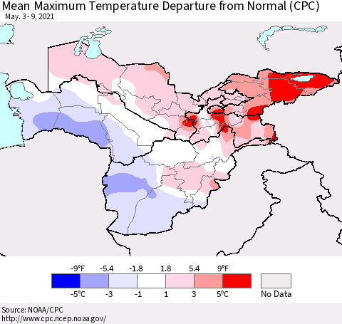 Central Asia Mean Maximum Temperature Departure from Normal (CPC) Thematic Map For 5/3/2021 - 5/9/2021