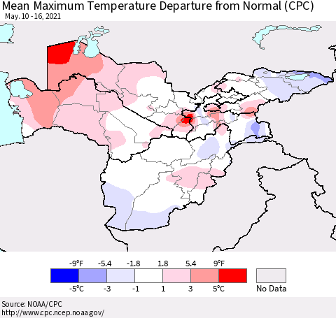 Central Asia Mean Maximum Temperature Departure from Normal (CPC) Thematic Map For 5/10/2021 - 5/16/2021
