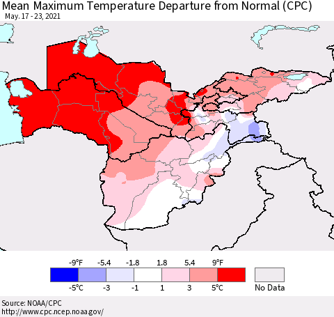 Central Asia Mean Maximum Temperature Departure from Normal (CPC) Thematic Map For 5/17/2021 - 5/23/2021