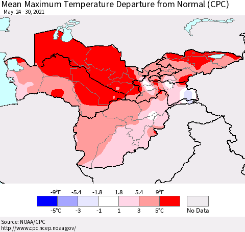 Central Asia Mean Maximum Temperature Departure from Normal (CPC) Thematic Map For 5/24/2021 - 5/30/2021