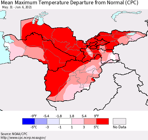 Central Asia Mean Maximum Temperature Departure from Normal (CPC) Thematic Map For 5/31/2021 - 6/6/2021