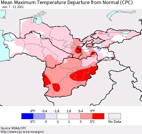 Central Asia Mean Maximum Temperature Departure from Normal (CPC) Thematic Map For 6/7/2021 - 6/13/2021