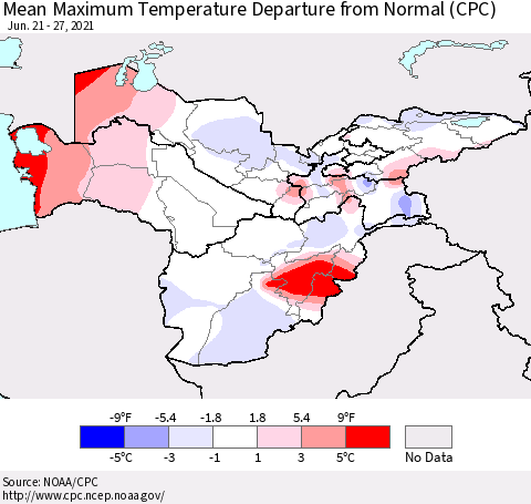 Central Asia Mean Maximum Temperature Departure from Normal (CPC) Thematic Map For 6/21/2021 - 6/27/2021