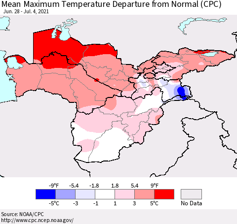 Central Asia Mean Maximum Temperature Departure from Normal (CPC) Thematic Map For 6/28/2021 - 7/4/2021