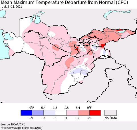 Central Asia Mean Maximum Temperature Departure from Normal (CPC) Thematic Map For 7/5/2021 - 7/11/2021