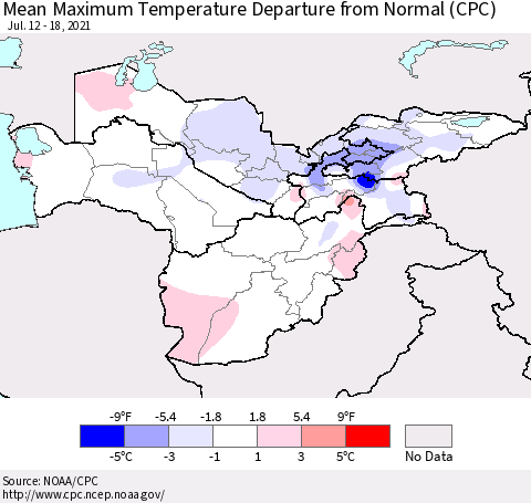 Central Asia Mean Maximum Temperature Departure from Normal (CPC) Thematic Map For 7/12/2021 - 7/18/2021