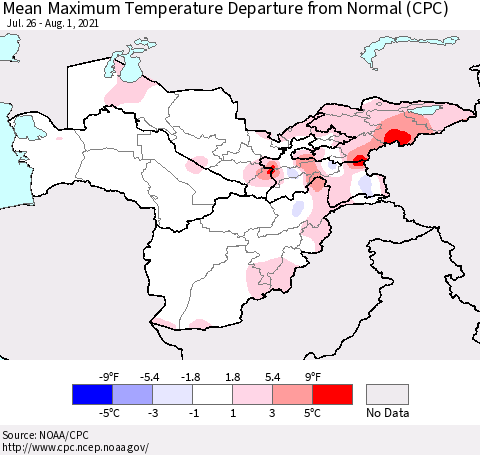 Central Asia Mean Maximum Temperature Departure from Normal (CPC) Thematic Map For 7/26/2021 - 8/1/2021
