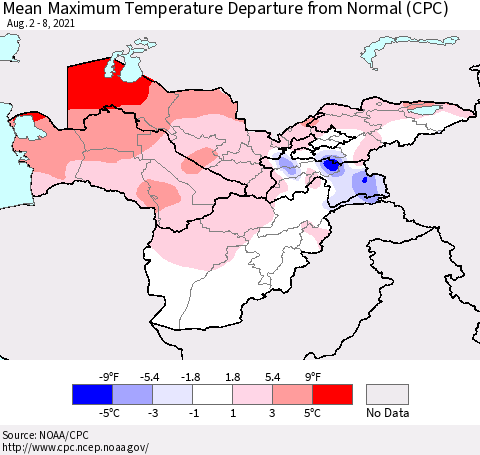 Central Asia Mean Maximum Temperature Departure from Normal (CPC) Thematic Map For 8/2/2021 - 8/8/2021