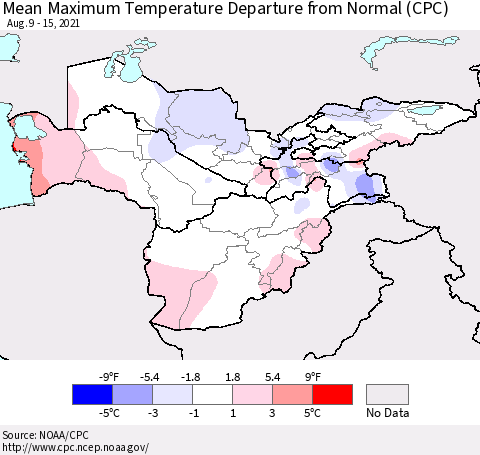 Central Asia Mean Maximum Temperature Departure from Normal (CPC) Thematic Map For 8/9/2021 - 8/15/2021