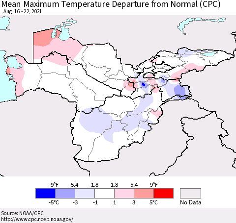 Central Asia Mean Maximum Temperature Departure from Normal (CPC) Thematic Map For 8/16/2021 - 8/22/2021
