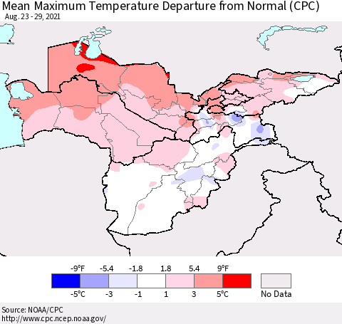 Central Asia Mean Maximum Temperature Departure from Normal (CPC) Thematic Map For 8/23/2021 - 8/29/2021