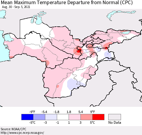 Central Asia Mean Maximum Temperature Departure from Normal (CPC) Thematic Map For 8/30/2021 - 9/5/2021