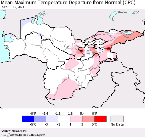Central Asia Mean Maximum Temperature Departure from Normal (CPC) Thematic Map For 9/6/2021 - 9/12/2021