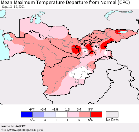 Central Asia Mean Maximum Temperature Departure from Normal (CPC) Thematic Map For 9/13/2021 - 9/19/2021