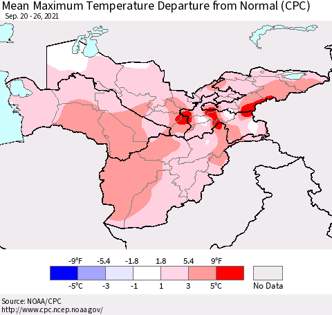 Central Asia Mean Maximum Temperature Departure from Normal (CPC) Thematic Map For 9/20/2021 - 9/26/2021