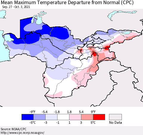 Central Asia Mean Maximum Temperature Departure from Normal (CPC) Thematic Map For 9/27/2021 - 10/3/2021