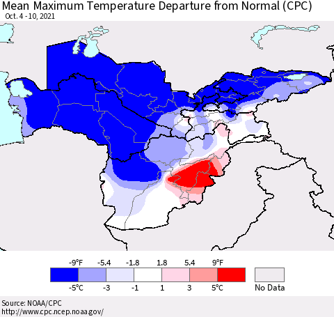 Central Asia Mean Maximum Temperature Departure from Normal (CPC) Thematic Map For 10/4/2021 - 10/10/2021