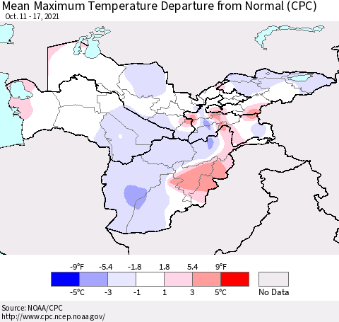Central Asia Mean Maximum Temperature Departure from Normal (CPC) Thematic Map For 10/11/2021 - 10/17/2021