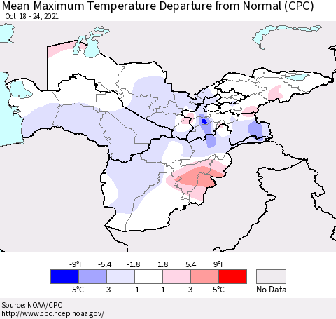 Central Asia Mean Maximum Temperature Departure from Normal (CPC) Thematic Map For 10/18/2021 - 10/24/2021