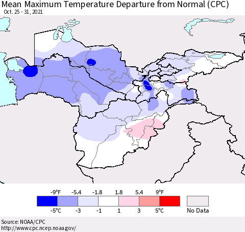 Central Asia Mean Maximum Temperature Departure from Normal (CPC) Thematic Map For 10/25/2021 - 10/31/2021