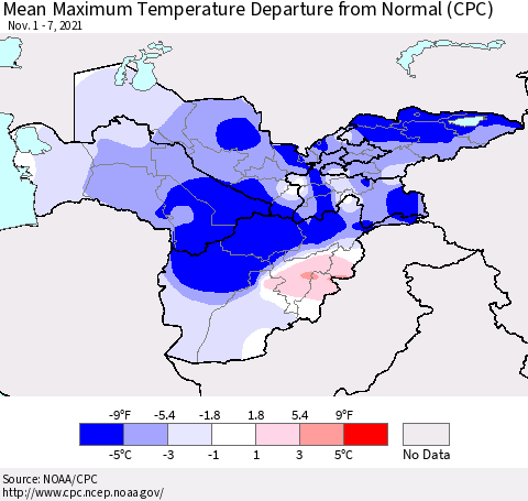 Central Asia Mean Maximum Temperature Departure from Normal (CPC) Thematic Map For 11/1/2021 - 11/7/2021