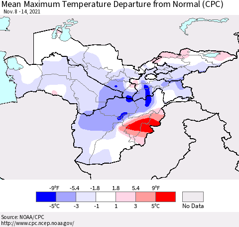 Central Asia Mean Maximum Temperature Departure from Normal (CPC) Thematic Map For 11/8/2021 - 11/14/2021