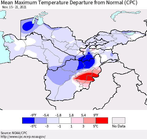 Central Asia Mean Maximum Temperature Departure from Normal (CPC) Thematic Map For 11/15/2021 - 11/21/2021