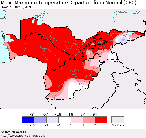 Central Asia Mean Maximum Temperature Departure from Normal (CPC) Thematic Map For 11/29/2021 - 12/5/2021