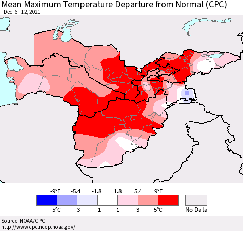Central Asia Mean Maximum Temperature Departure from Normal (CPC) Thematic Map For 12/6/2021 - 12/12/2021