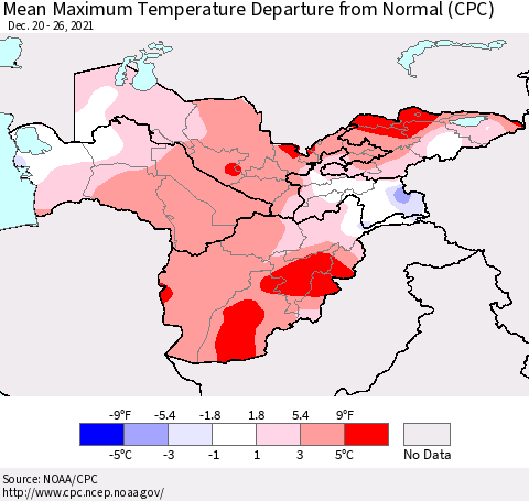Central Asia Mean Maximum Temperature Departure from Normal (CPC) Thematic Map For 12/20/2021 - 12/26/2021