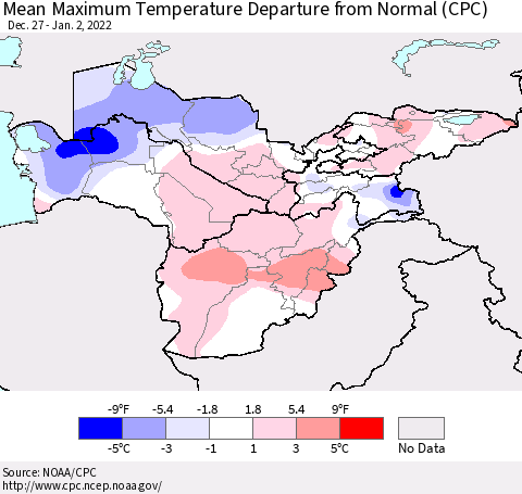 Central Asia Mean Maximum Temperature Departure from Normal (CPC) Thematic Map For 12/27/2021 - 1/2/2022