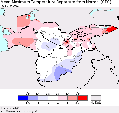Central Asia Mean Maximum Temperature Departure from Normal (CPC) Thematic Map For 1/3/2022 - 1/9/2022