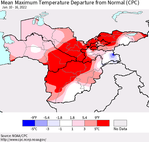 Central Asia Mean Maximum Temperature Departure from Normal (CPC) Thematic Map For 1/10/2022 - 1/16/2022