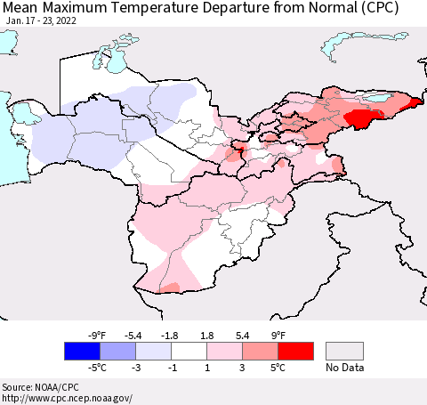 Central Asia Mean Maximum Temperature Departure from Normal (CPC) Thematic Map For 1/17/2022 - 1/23/2022