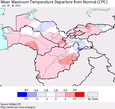 Central Asia Mean Maximum Temperature Departure from Normal (CPC) Thematic Map For 1/24/2022 - 1/30/2022
