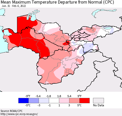 Central Asia Mean Maximum Temperature Departure from Normal (CPC) Thematic Map For 1/31/2022 - 2/6/2022