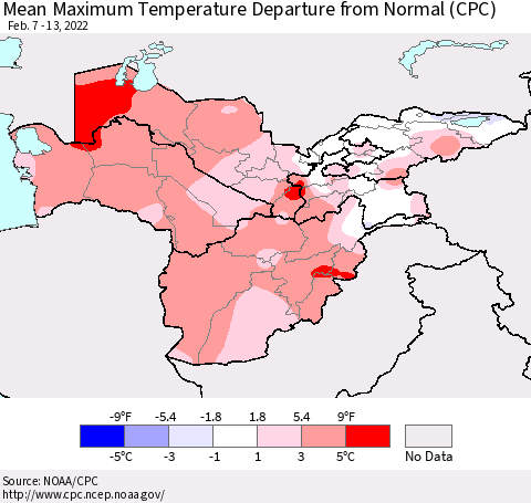 Central Asia Mean Maximum Temperature Departure from Normal (CPC) Thematic Map For 2/7/2022 - 2/13/2022