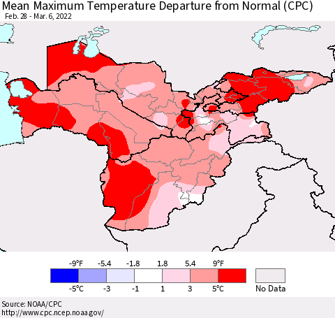 Central Asia Mean Maximum Temperature Departure from Normal (CPC) Thematic Map For 2/28/2022 - 3/6/2022
