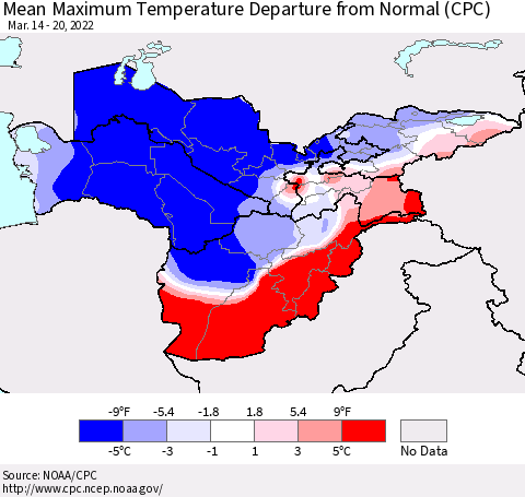 Central Asia Mean Maximum Temperature Departure from Normal (CPC) Thematic Map For 3/14/2022 - 3/20/2022