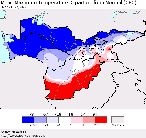 Central Asia Mean Maximum Temperature Departure from Normal (CPC) Thematic Map For 3/21/2022 - 3/27/2022