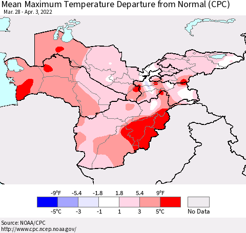 Central Asia Mean Maximum Temperature Departure from Normal (CPC) Thematic Map For 3/28/2022 - 4/3/2022